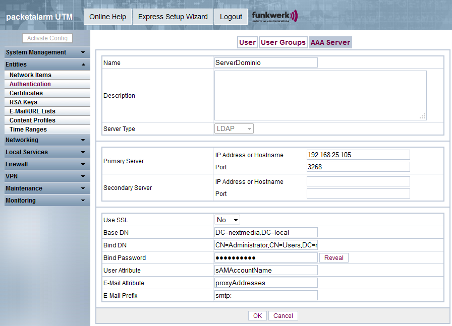 Authentication Importare utenti da un server di Dominio L UTM ci permette di importare una lista di utenti da un server di dominio. N.B.