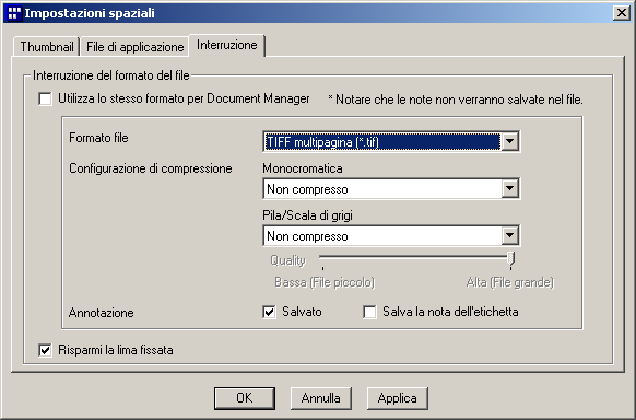 Document Manager Menu File Impostazioni spaziali - Thumbnail Fissare le dimensioni dell'immagine nel Gestore dei Documenti.