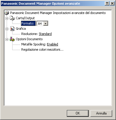 Convertitore di immagine Windows 2000/Windows XP/Windows Server 2003 1. Selezionare Stampanti da Impostazioni nel menu Start. 2. Cliccare con il tasto destro su Panasonic Document Manager e selezionare Preferenze stampa sul menù in apertura.