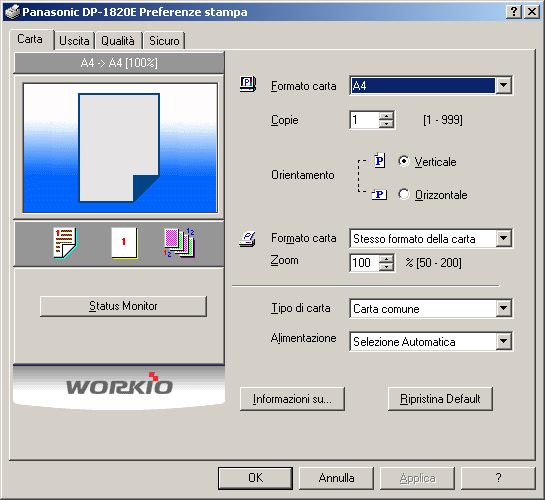 Configurazione del driver della stampante Tutte le impostazioni comuni di Windows Scheda Carta 1. Formato carta Consente di selezionare le dimensioni del documento. 2.