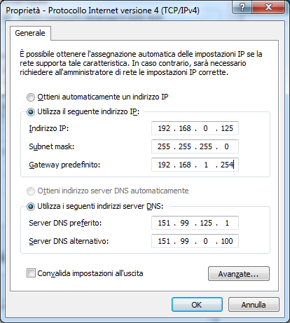 alla prima accensione Esempio indirizzo IP in classe C 192 -> Provincia Rete 168 -> Città Sottorete 0 -> Via