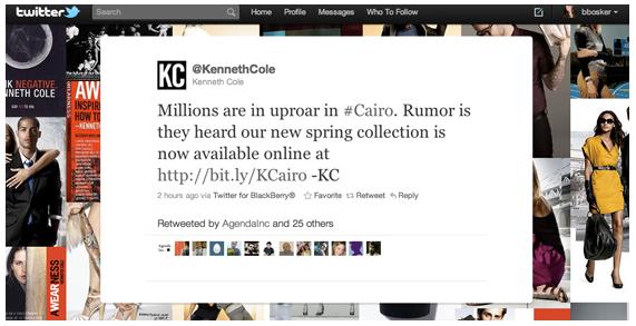 186 Gestione negativa (esempio) Febbraio 2011 Lo stilista Kenneth Cole promuove la sua collezione primaverile sfruttando la visibilità dell hashtag #Cairo C è grande