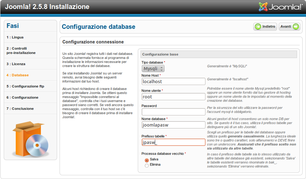 Procedura automatica installazione 4 ) Si procede alla configurazione del Data Base L'utilizzatore dovrà in questo caso: selezionare la tipologia di database da utilizzare, che sarà plausibilmente