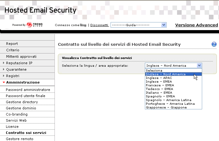 Amministrazione e reputazione IP FIGURA 5-18. Schermata Contratto sul livello dei servizi Hosted Email Security Per visualizzare il contratto SLA per la propria area: 1.