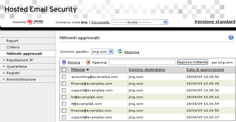 Guida dell'amministratore di Trend Micro Hosted Email Security Mittenti approvati La schermata Mittenti approvati consente agli amministratori dei sistemi di posta elettronica di approvare indirizzi