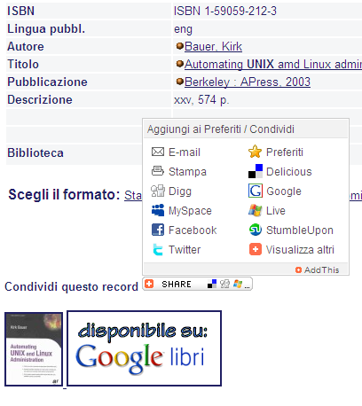 Attraverso il clic sul bottone SHARE verranno visualizzati i maggiori network di condivisione con i quali sarà possibile condividere il record bibliografico prescelto Figura 3.