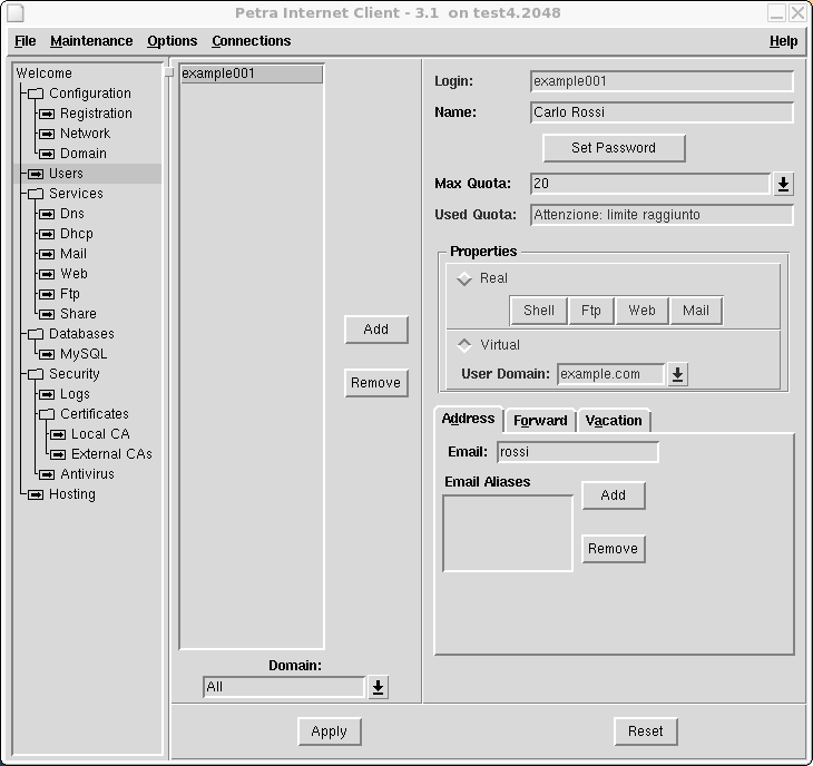 Capitolo 4. Compiti dell amministratore di Petra Hosting Nota: nella sezione Properties è necessario indicare Virtual e specificare il dominio di appartenenza nel campo User Domain. 4.4.3.