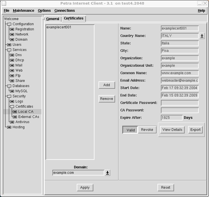 Capitolo 4. Compiti dell amministratore di Petra Hosting Premere il pulsante Apply. Una volta creato un certificato, esso può essere associato al relativo dominio. 4.7.3.