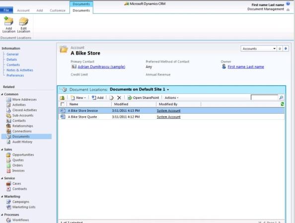 gestione dei documenti cartacei di clienti, fornitori e partner. Microsoft Dynamics CRM 2011 utilizza Microsoft Sharepoint 2010 per la raccolta, la gestione e la condivisione dei documenti.