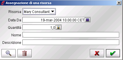 La finestra consente di gestire la pianificazione delle risorse. Selezionare il Tipo Risorsa, la Risorsa, la Data e fare doppio click nell'area relativa agli orari.