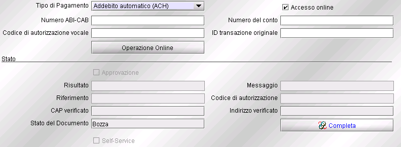 Se viene selezionata, come formula di pagamento la Carta di Credito vengono mostrati i seguenti campi: Carta di Credito: elenca tutte carte di credito previste dal sistema Numero: indica il numero