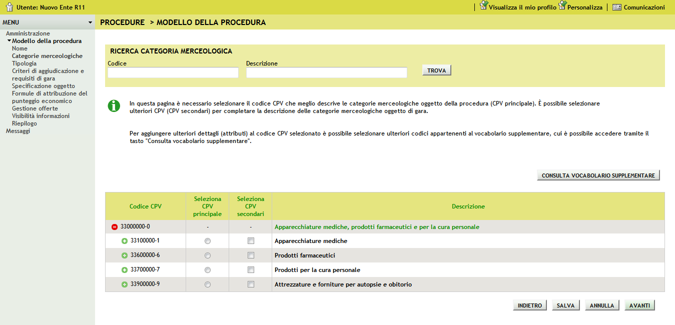 Figura 20 Se si sceglie invece Gara per la fornitura di Dispositivi Medici si visualizzerà l alberatura filtrata in base ai dispositivi medici (vedi