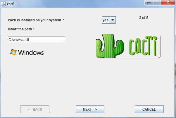 Figura 45: Windows Installazione cacti Completata l'installazione di AppServ, inizia la procedura di installazione e configurazione del sistema di monitoraggio della rete ( Cacti ).