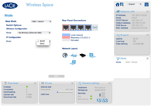 Amministrazione dell'unità LaCie Wireless Space Guida per l'utente Pagina 58 La modalità di configurazione IP (Fig. 89) consente di scegliere le seguenti opzioni: 1. DHCP.