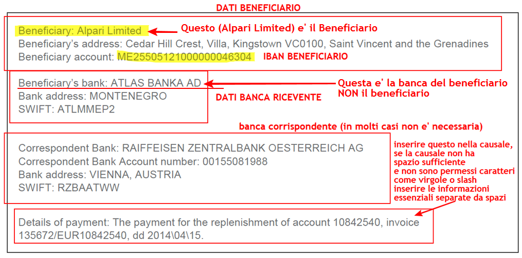 Stampare la distinta (download invoice) che contiene tutti i dati che vi servono per eseguire il bonifico, ed inviare (entro 3 giorni) il bonifico utilizzando i dati presenti nella distinta.