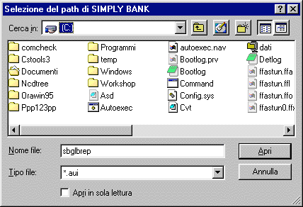 Apparirà la maschera di selezione in Fig. 30 che sarà utilizzata per cercare il file sbglbrep.aui che si trova nella cartella SB32 sul PC server. Fig. 30 Finestra di Selezione file Selezionare il file richiesto e cliccare su Apri.