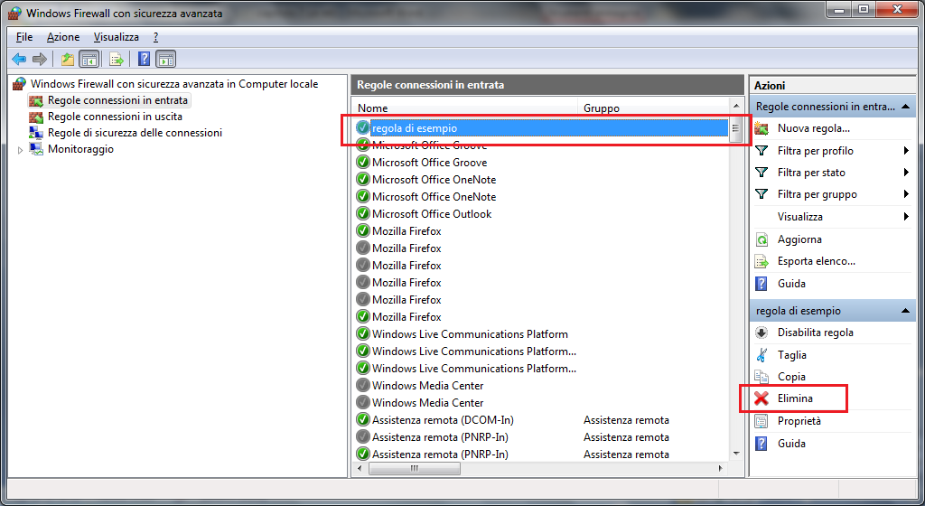 G. Pettarin - IT security Cancella la regola dall elenco con il comando Elimina.