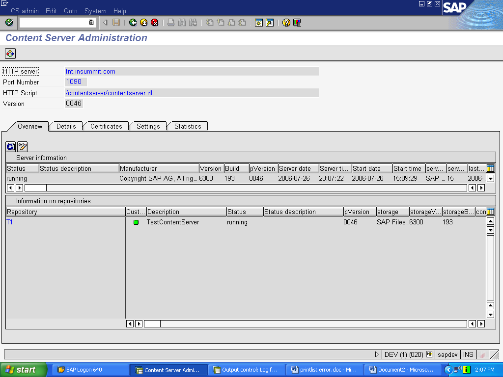 Overview Content Server L amministrazione del Content Server e dei repository documentali che sono stati definiti avviene utilizzando direttamente transazioni specifiche di SAP.