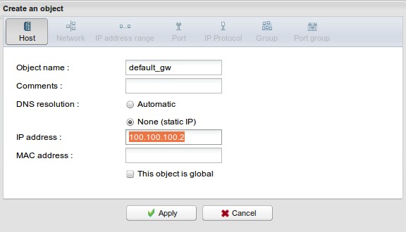 Dal momento che il database degli oggetti è stato invocato per la configurazione del default gateway, viene presentato come attivo solo il tab HOST, dal momento che un default gateway non può essere