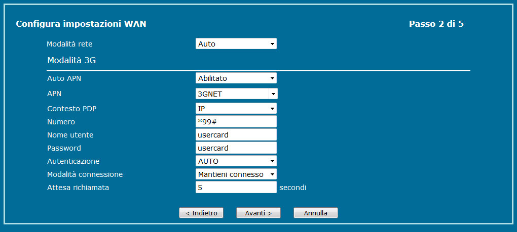 Configurazione Impostazioni WAN 3G Se la SIM utilizzata è una di quelle preconfigurata potete sfruttare l impostazione Auto APN e lasciare i paramentri 3G invariati, se necessario modificate il