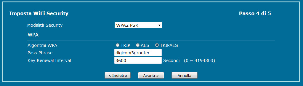 Configurazione Impostazioni Wireless SSID Se desiderate modificare il nome della rete Wireless (SSID) digitare fino a 32 caratteri. Cliccare su Avanti.