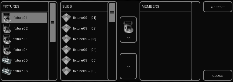 4 Creare i Gruppi Il menu GROUP [GRUPPI] vi consente di creare gruppi di apparecchi e/o sotto-apparecchi (subfixtures).