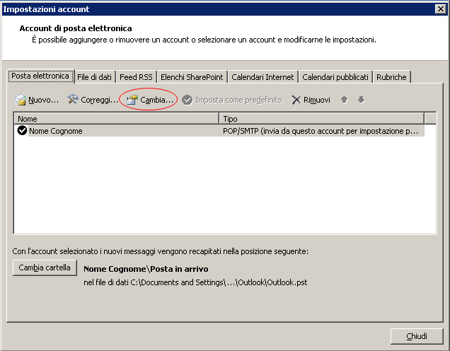 1.6 Microsoft Outlook 2010 (POP/IMAP) Cliccare su File -> Impostazioni account : Selezionare un