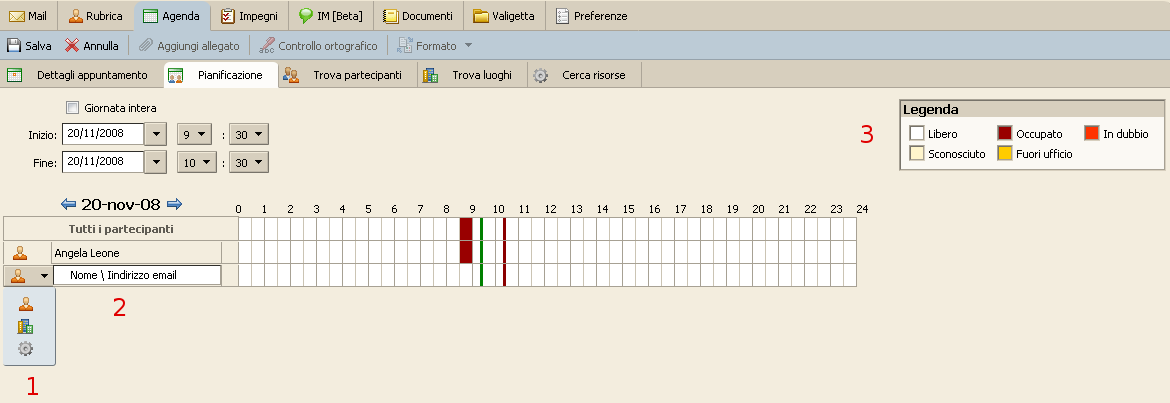 Visualizzare gli stati libero/occupato Quando si pianifica un appuntamento, è possibile visionare Partecipanti, Luogo e Risorse.