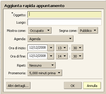 Aggiunta rapida La finestra di dialogo Aggiunta rapida facilita la creazione di un appuntamento.