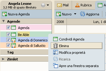 rifiuto. Cancellazione dell'agenda E' possibile cancellare qualsiasi agenda dalla lista tranne quella di default. 1 Cliccare il tasto destro sull'agenda da cancellare 2 Cliccare Cancella.