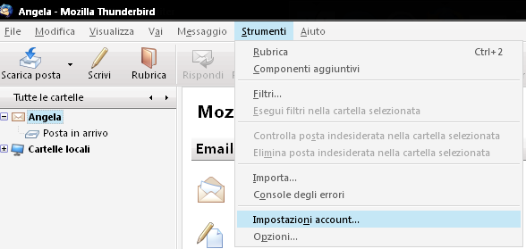 Cambiare le impostazioni del Server Cambiare le impostazioni di connessione del Mail server in ingresso 1 In Thunderbird accedere a Strumenti>Impostazioni Account... Figura 98.