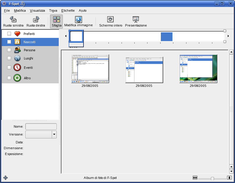 Figura 17.2 Finestra principale di f-spot Una barra dei menu nella parte superiore della finestra fornisce l'accesso ai menu principali.