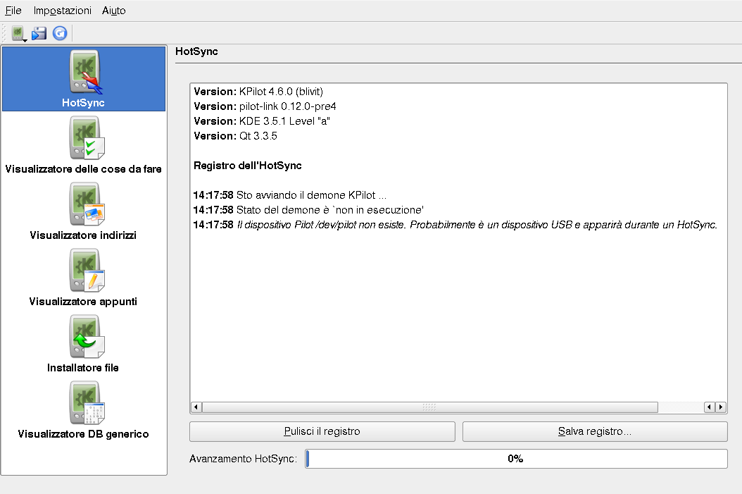 Figura 4.4 Finestra principale di KPilot 4.5.1 Backup di dati dal palmare Per eseguire un backup completo, selezionare File Backup.