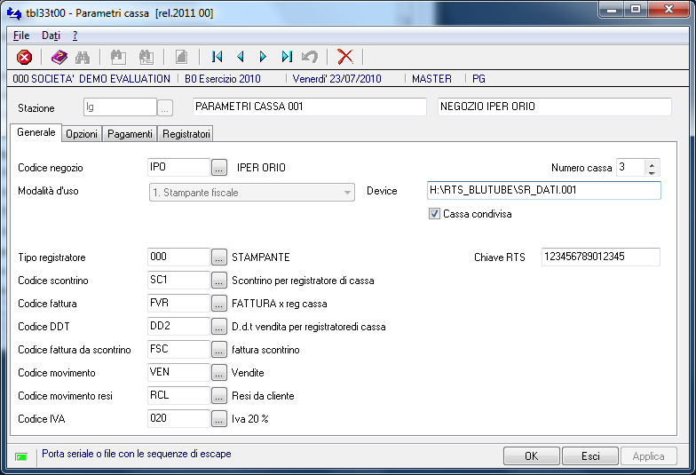 punto vendita integrazione registratori di cassa Gestionale2 release 2011.00 prevede la possibilità di collegamento con il software RTS BLUTUBE per il collegamento ai registratori di cassa.