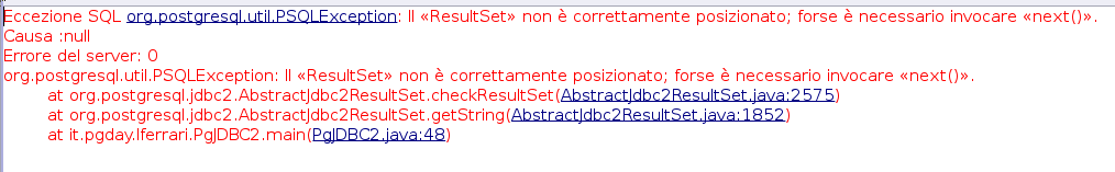 ResultSet: errori frequenti Si richiama getxxx(.