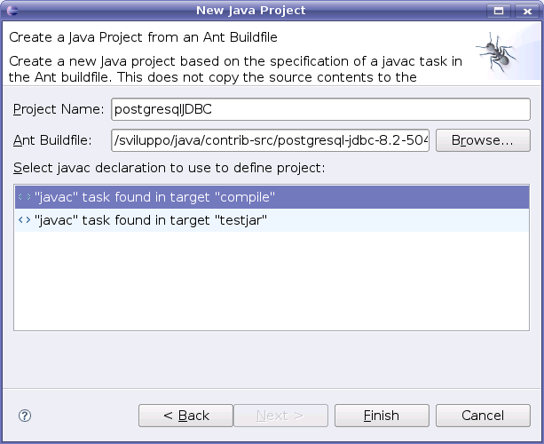 Compilazione in Eclipse Definire un nuovo progetto basato su un file Ant esistente.