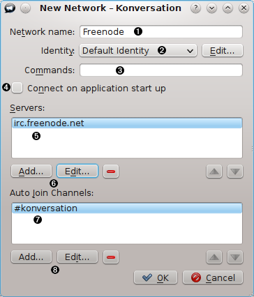 1 2 3 4 1 2 3 Le tue reti esistenti definite sono elencate qui insieme all Identità usata per connettersi alla rete, e i Canali in cui entri automaticamente quando ti connetti.