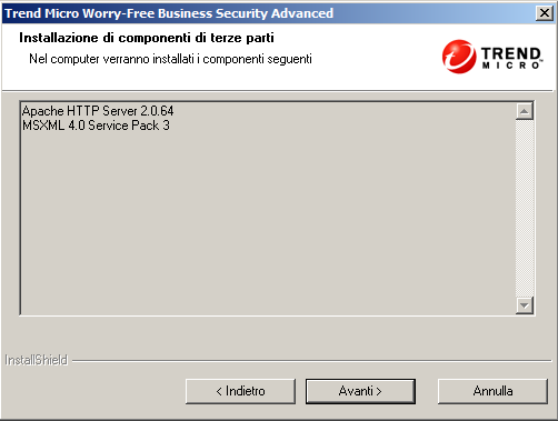 Guida all'installazione e all'aggiornamento di Worry-Free Business Security Installare i componenti di terze parti In questa schermata vengono