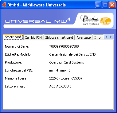 Caratteristiche del modulo di gestione del PIN Il modulo di gestione PIN è un'applicazione dotata di interfaccia utente (GUI) che permette di gestire il PIN delle smart card supportate dal MU.