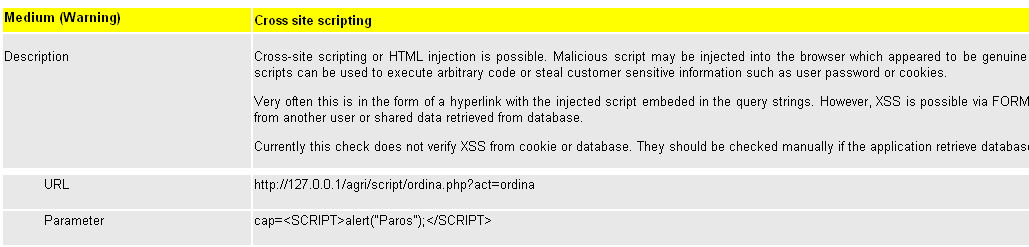 Paros Proxy Risultati della scansione Un esempio di scansione con Paros Esempio di report prodotto da Paros