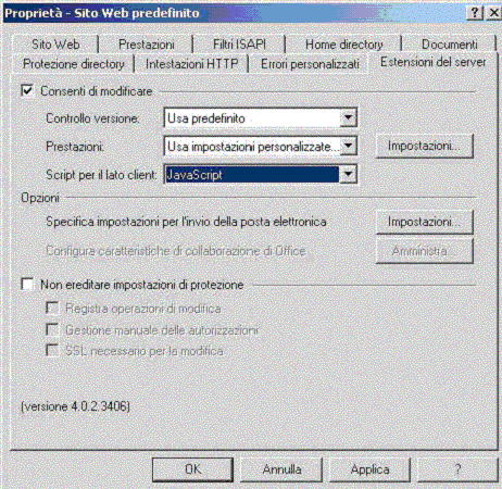 Finestra delle proprietà del sito Web con la selezione della cartella per le estensioni del server di FrontPage 2000 per Microsoft Internet Information Server Attenzione: scegliere No se viene