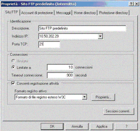 FTP Site: permette di specificare Nome, IP, Porta (21), Numero di connessioni massime e Timeout di sessione.