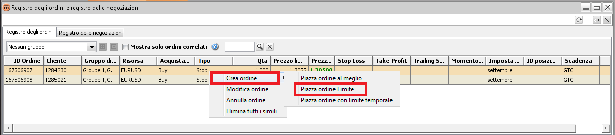 2. Tracking dei problemi Questa schermata contiene tutti i dettagli relativi all'esecuzione degli ordini di gruppo. Può essere visualizzata cliccando sul pulsante «?» all'interno della casella.