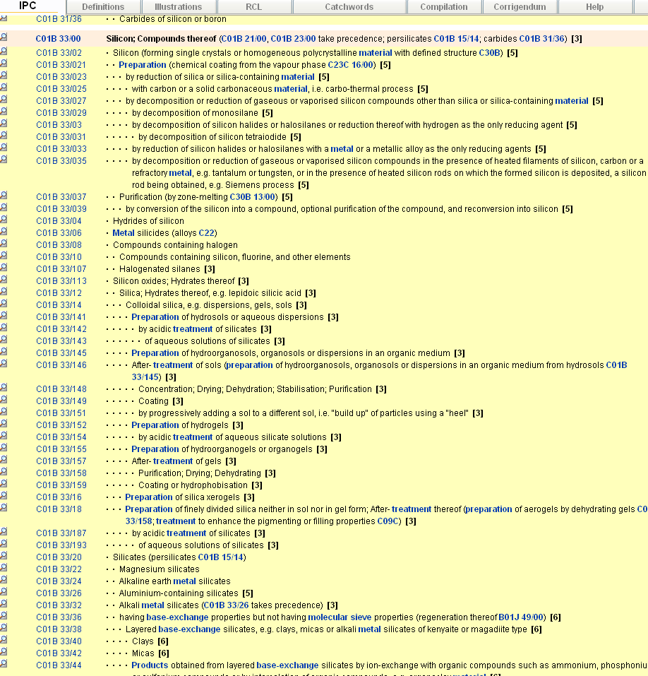 Come utilizzare i codici IPC (2) La ricerca con C01B33/1* comprende anche 33/10 e 33/107 (non