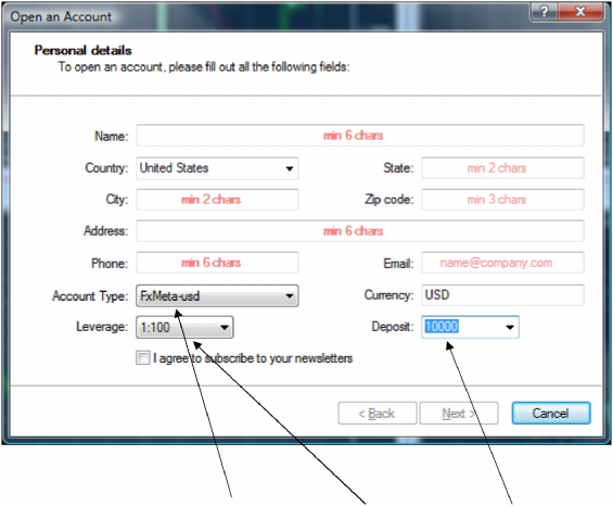 ...poi cambia i parametri relativi al tipo di conto Account Type, Leverage e deposito Deposit come mostrato per avere la massima compatibilità con il Forex Robot.