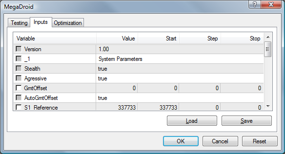 Il tab Inputs elenca i medesimi parametri della finestra riportata in precedenza ma con alcune colonne in più.