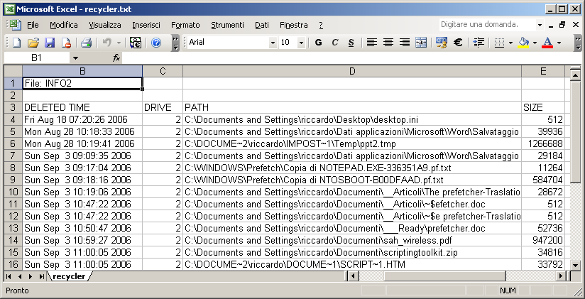 Ipotizzando di voler analizzare il Cestino del volume C:, avremo la seguente situazione al prompt dei comandi: C:\RECYCLER\S-1-5-21-789336058-436374069-1202660629-1003> C:\Temp\rifiuti INFO2 >
