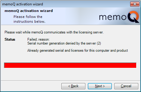 5. memoq contatterà Kilgray via Internet e chiederà un numero di serie. Potrebbero volerci dai 5 ai 20 secondi, in base alla velocità della connessione a Internet.