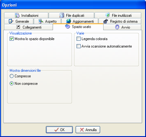 Spazio utilizzato La finestra di dialogo delle opzioni per lo spazio utilizzato sul disco rigido con la possibilità di ottenere dati anche per i file compressi Mostri spazio libero nel disco rigido: