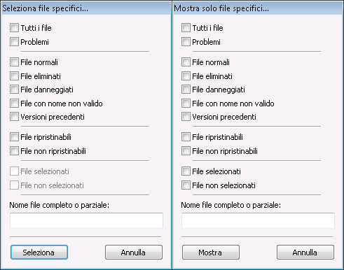 Schermata File trovati Sono disponibili le seguenti opzioni di impostazione: Finestra Seleziona file specifici e Mostra solo file specifici Tutti i file Tutti i problemi File normali File eliminati
